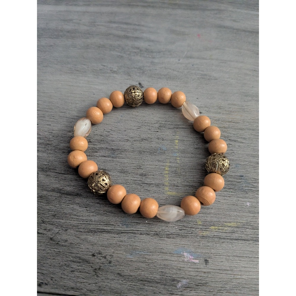 Boho Wood Filigree Beaded Stretch Bracelet Tan Gold Tone Earthy Statement